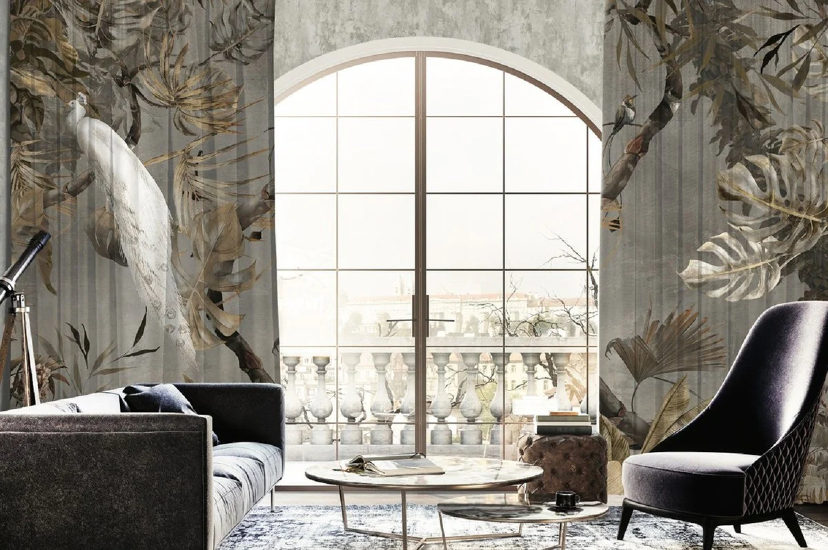 Luxus Vorhang Set Weißer Pfau im Wald Grau / Mehrfarbig 250 x H. 290 cm - Bedruckte Samt Gardinen - Ösenvorhänge - Wohnzimmer Vorhänge - Luxus Vorhänge - Luxus Qualität