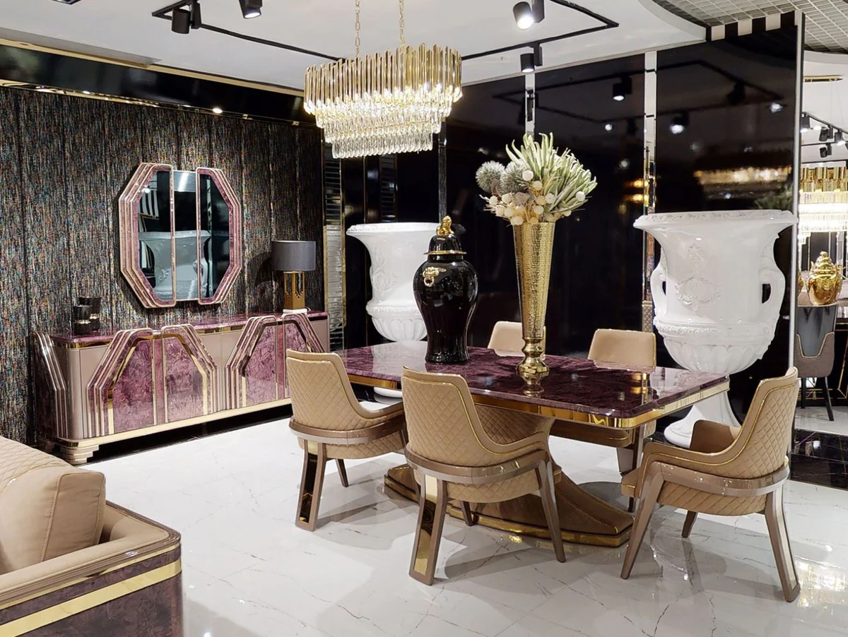 Luxury Art Deco wall mirror purple / gold - solid wood mirror with marble look - luxury Art Deco living room & hotel furniture