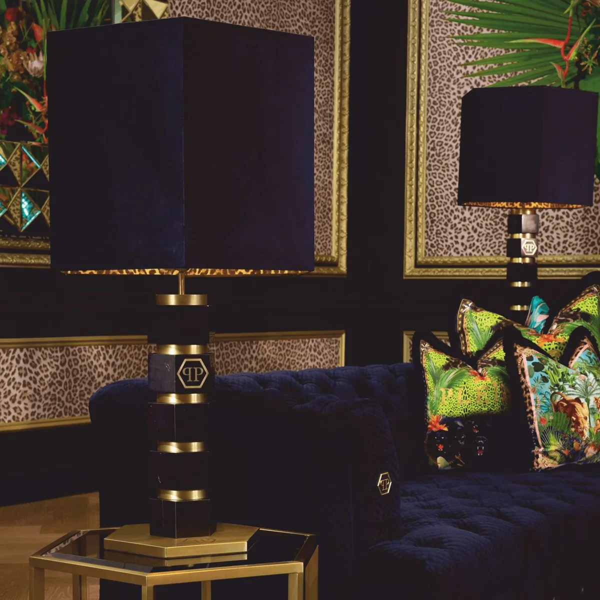 Philipp Plein luxury marble table lamp H. 76 cm black / brass / leopard - luxury quality