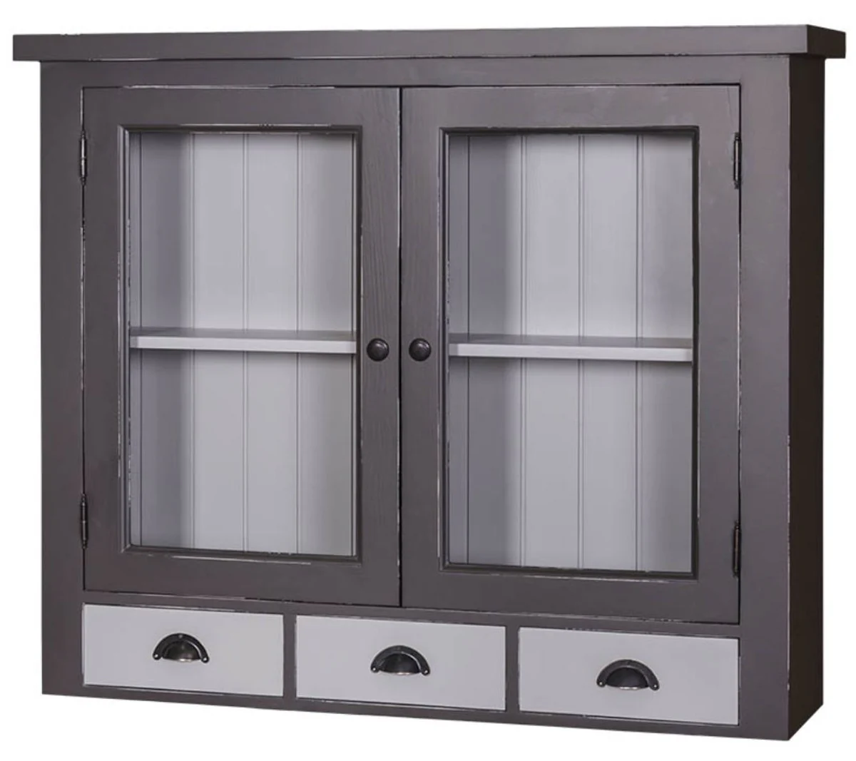 Country house style kitchen wall cabinet antique gray / light gray 192 x 31 x H. 65 cm - country house style kitchen cabinet with 2 glass doors and 3 drawers