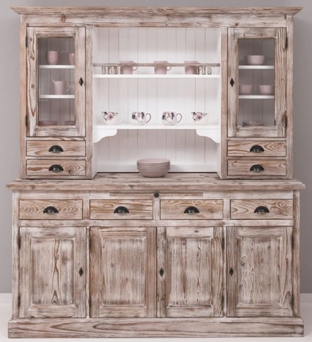 Country house style dining room cabinet brown / white 180 x 50 x H. 197 cm - solid wood kitchen cabinet - dining room furniture in country house style - country house style dining room furnishings