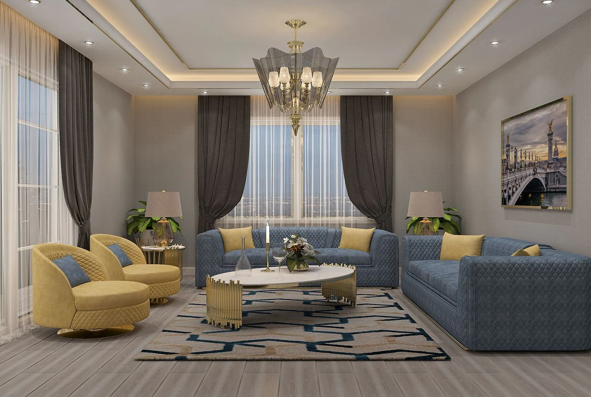 Luxury living room & hotel sofa blue / gold 260 cm