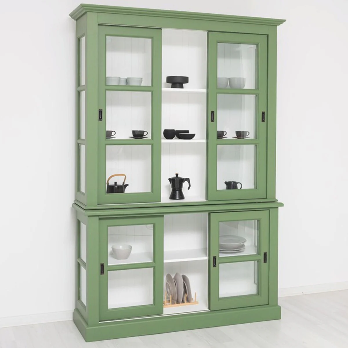 Country house style display cabinet with 6 sliding doors green / white 151 x 47 x H. 220 cm