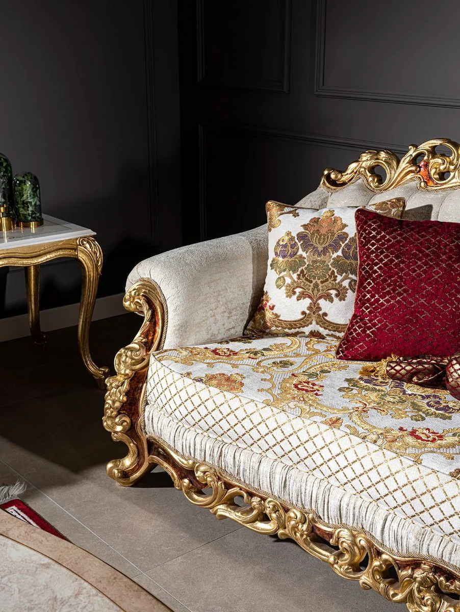 Luxury Baroque Sofa White / Gold / Brown / Gold - Magnificent living room sofa with decorative pillows - Baroque furniture