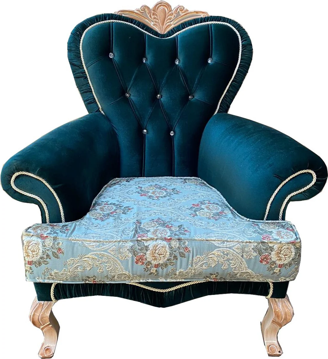 Luxury baroque living room set with elegant floral pattern and glittering stones turquoise / green / cream - 2 sofas & 2 armchairs - magnificent baroque living room furniture