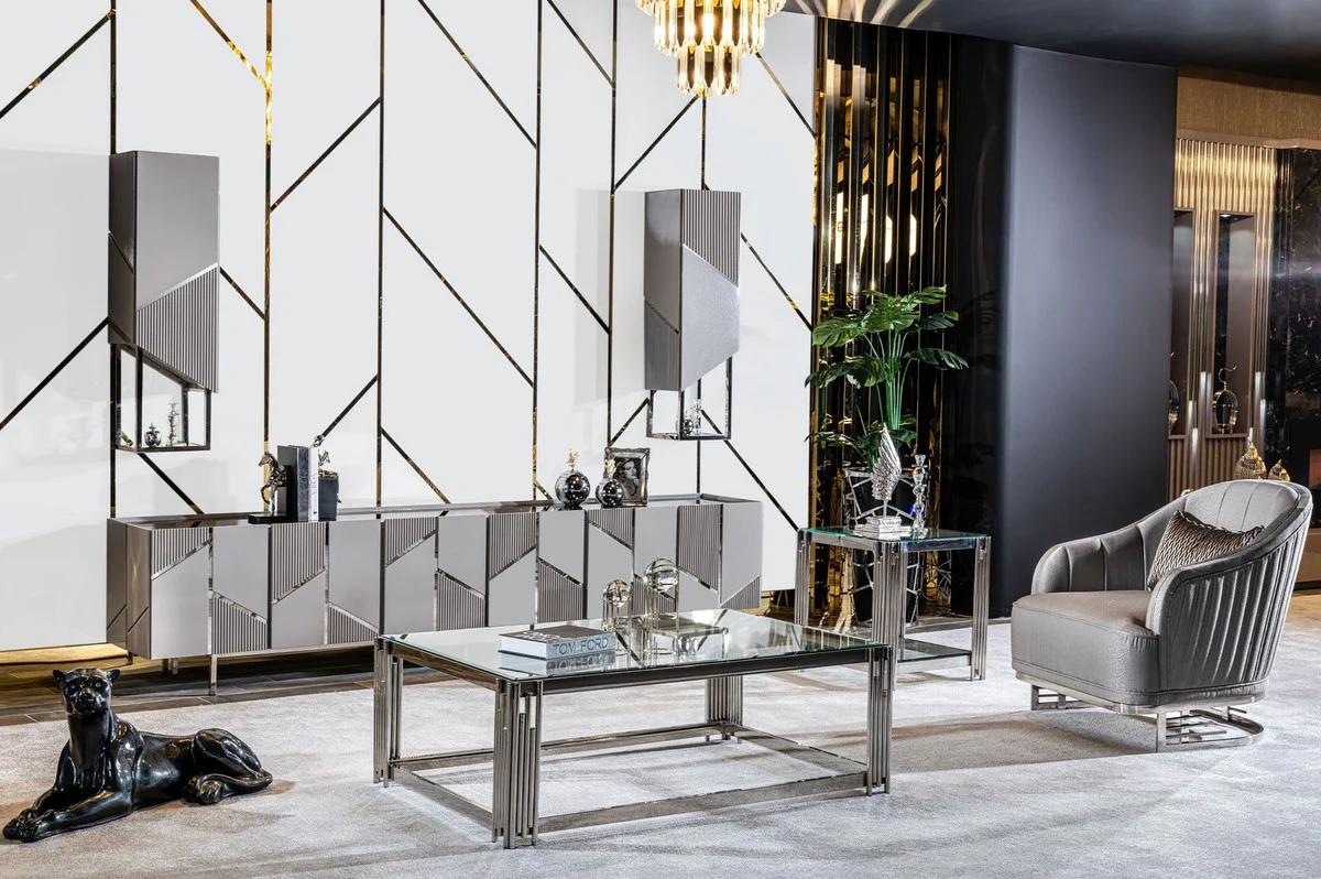 Luxury side table silver 50 x 50 x H. 58 cm - Square table with glass top - Living room furniture - Luxury furniture - Luxury furnishings - Living room furnishings