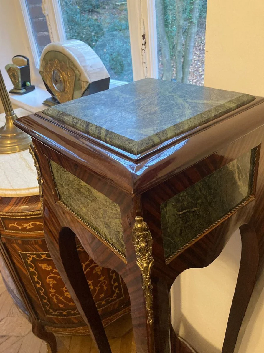 Baroque Column Brown / Green / Gold - Handmade Antique Style Solid Wood Side Table with Marble Top - Living Room Furniture in Baroque Style - Antique Style Furniture - Baroque Furniture