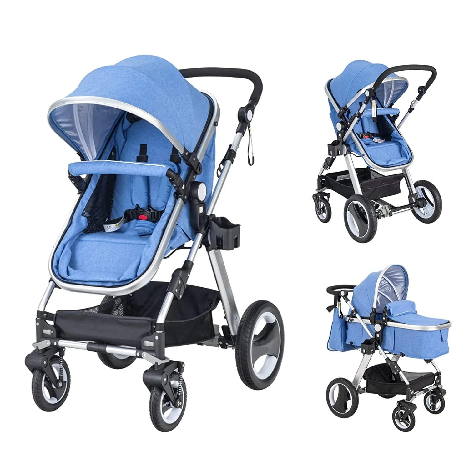 Kinderwagen für Neugeborene, 2-in-1-Hochformat-Kinderwagen und umwandelbarer Stubenwagen, verstellbare Rückenlehne und Verdeck, Getränkehalter, Aufbewahrungskorb, faltbarer Kinderwagen mit Fußabdeckung (blau)
