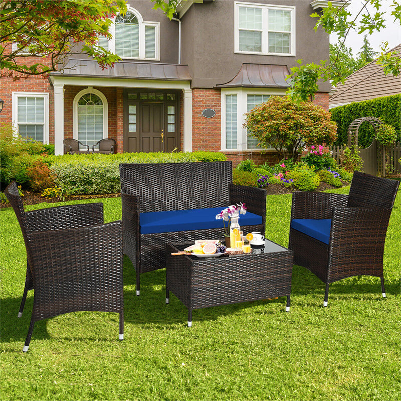 4 Pcs Outdoor Rattan Patio Conversation Set Wicker Furniture Set with Coffee Table and Cushion Sofas