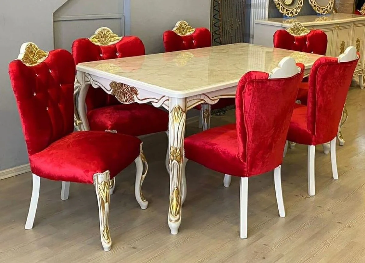 Luxury Baroque Dining Room Set Red / White / Gold - 1 Baroque Dining Table & 6 Baroque Dining Chairs with Glitter Stones - Dining Room Furniture in Baroque Style - Baroque Furniture - Noble & Magnificent
