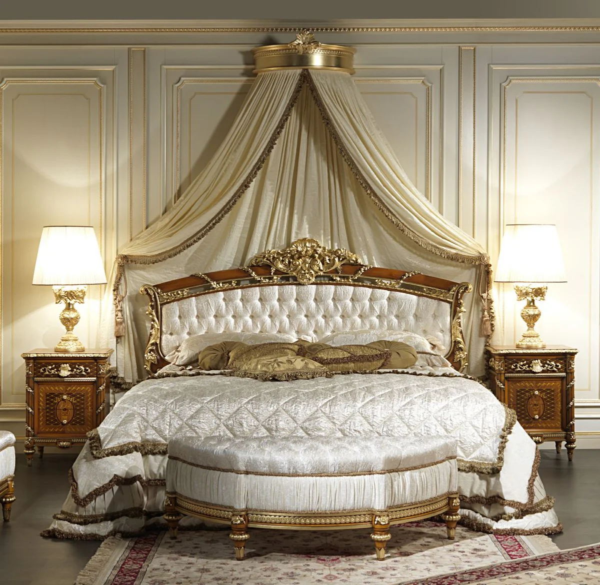 Luxury Baroque Bedroom Set White / Brown / Gold - 1 Double Bed with Headboard & 1 Canopy & 2 Bedside Tables & 1 Bench - Baroque Bedroom Furniture - Baroque Hotel Furniture