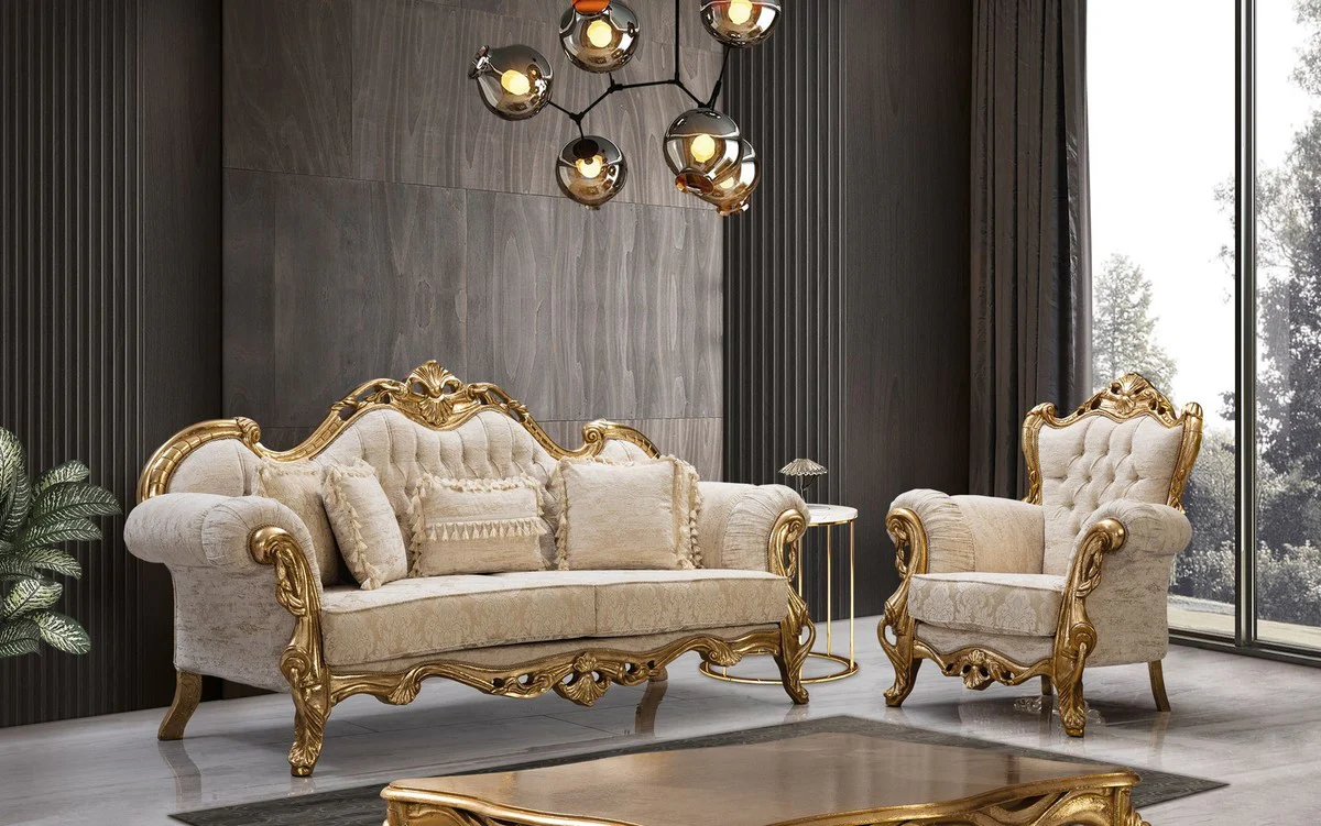 Luxury Baroque Sofa White / Gold 235 cm - Baroque Living Room Furniture