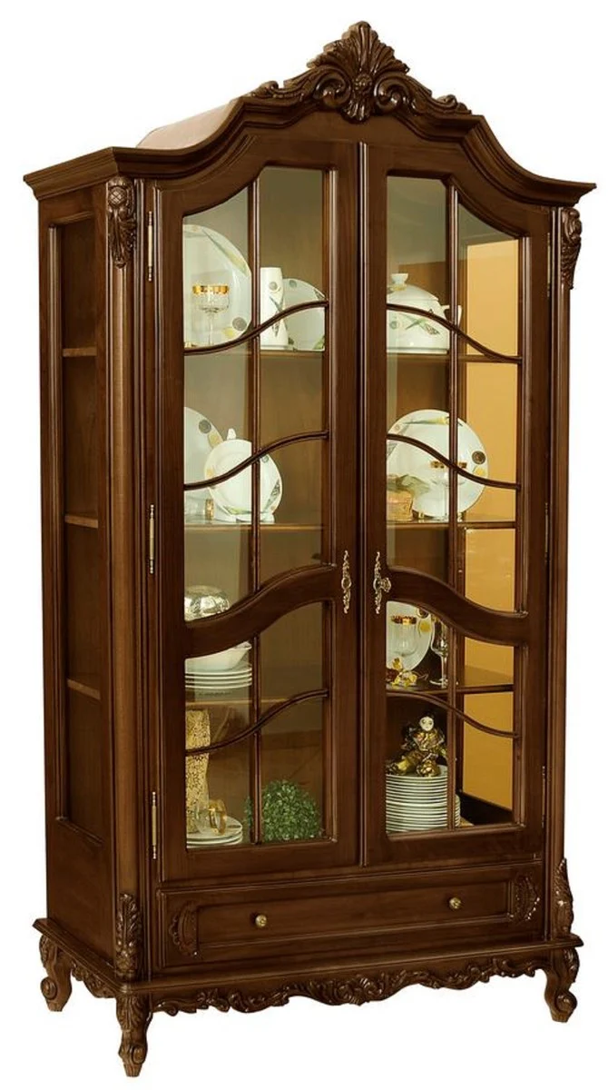 Luxury baroque display cabinet dark brown - magnificent solid wood display cabinet with 2 glass doors and drawer - handmade baroque furniture - noble and magnificent