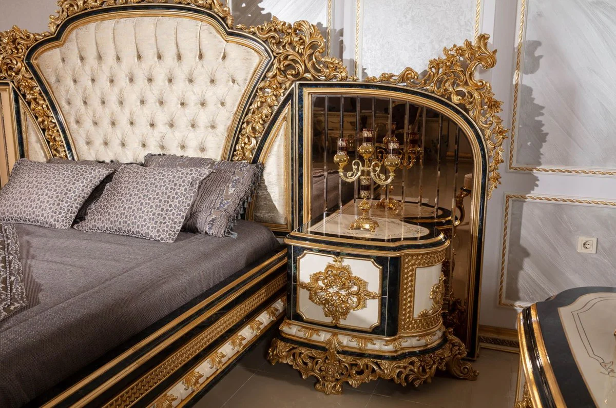 Luxury baroque double bed gold / white / blue / gold - magnificent solid wood bed with mirrored headboard - bedroom furniture in baroque style - noble and magnificent