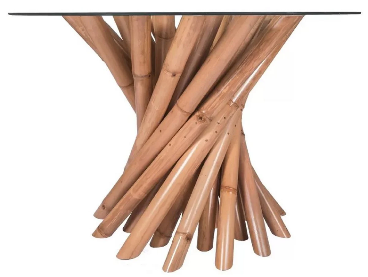 Luxury dining table natural colors Ø 120 x H. 80 cm - Round bamboo kitchen table with glass top - Dining room furniture - Bamboo furniture - Luxury furniture - Luxury dining room furnishings