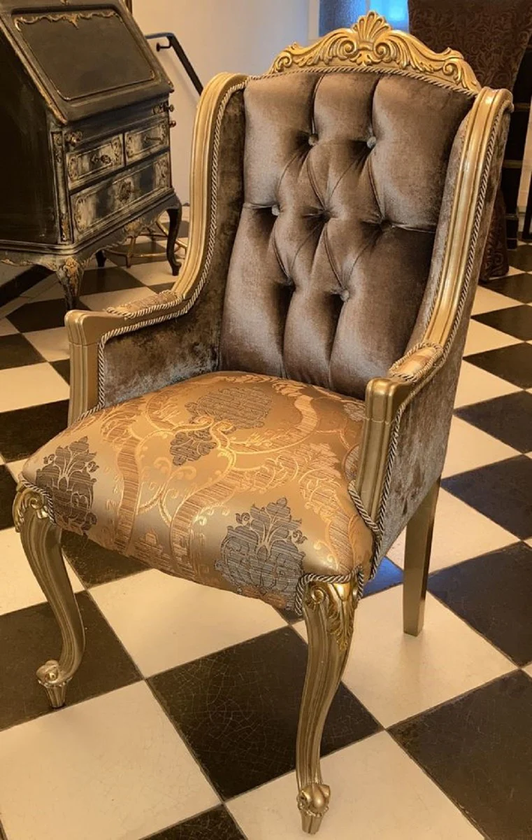 Luxury Baroque Dining Room Chair with Armrests Silver Gray / Gold - Magnificent Baroque Style Solid Wood Chair - Luxury Dining Room Furniture in Baroque Style - Baroque Furniture - Noble & Magnificent