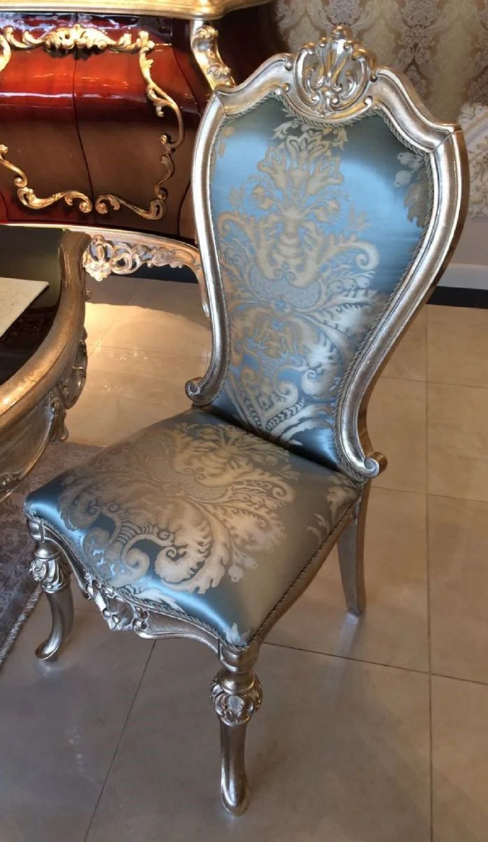 Luxury baroque dining room chair light blue / beige / silver - magnificent solid wood kitchen chair with elegant pattern - baroque dining room furniture