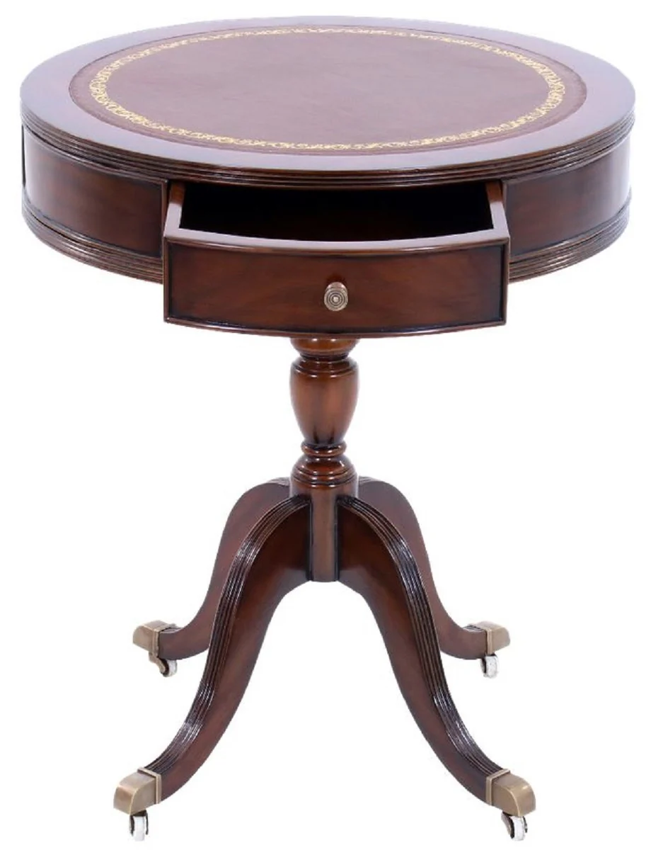 Luxury baroque side table dark brown / brass / brown / gold Ø 51 x H. 59 cm - Round mahogany table with drawers and elegant genuine leather - Baroque mahogany furniture