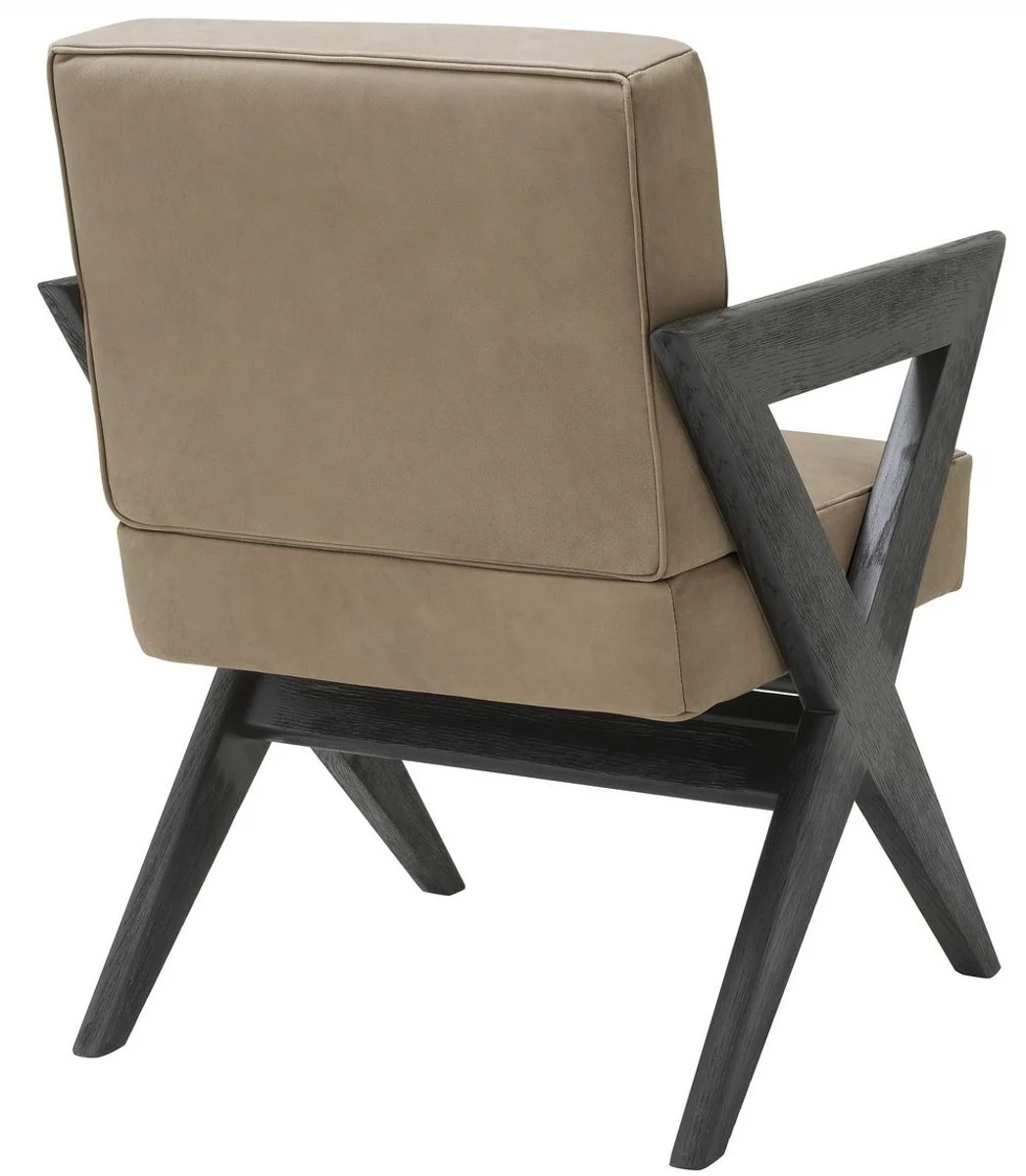 Luxury genuine leather dining room chair with armrests beige / black 59 x 74 x H. 88 cm - kitchen chair with elegant nubuck buffalo leather - luxury dining room furniture