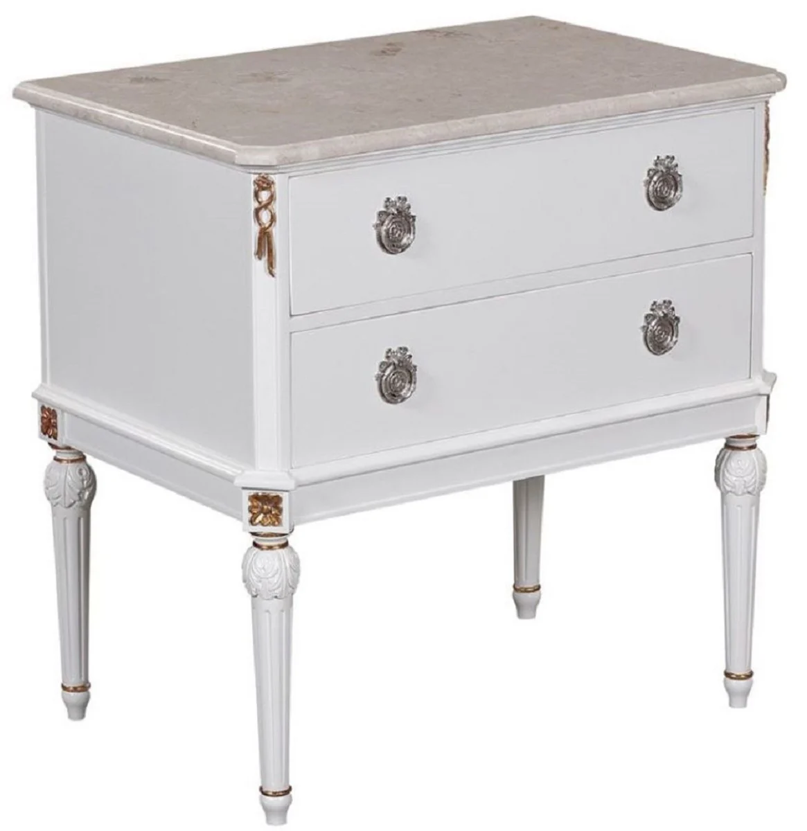 Luxury Baroque Nightstand White / Cream / Antique Gold / Silver - Handcrafted Solid Wood Bedside Table with Marble Top - Baroque Bedroom Furniture