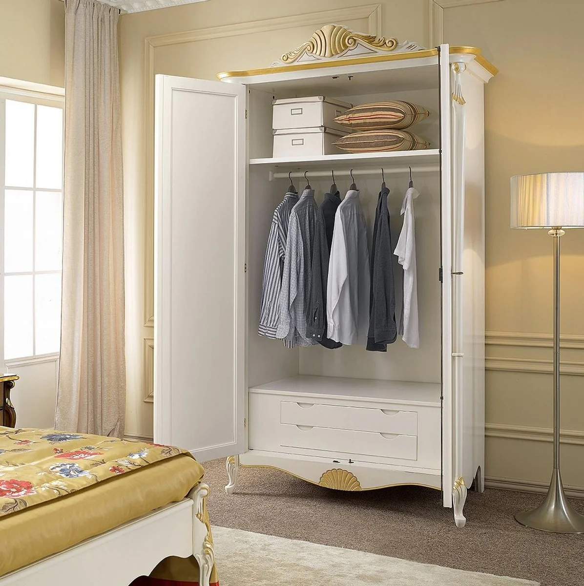 Luxury Baroque Bedroom Cabinet White / Gold - Handmade Mahogany Wardrobe with 2 Mirrored Doors - Baroque Bedroom Furniture - Luxury Quality - Made in Italy