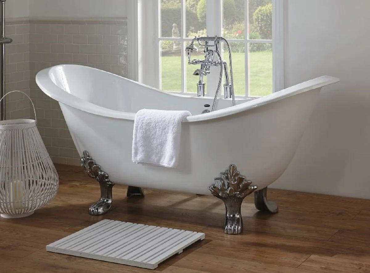 Luxury Art Nouveau bathtub white / silver 180 x 77 x H. 79 cm - Curved freestanding acrylic bathtub with lion feet - Art Nouveau bathroom furniture