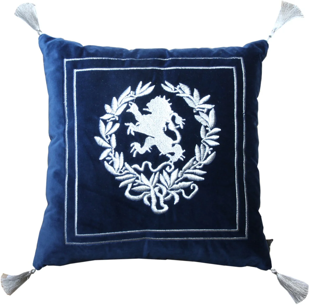 Luxus Deko Kissen Wappen Dunkelblau / Silber mit Troddeln 45 x 45 cm - Feinster Samtstoff - Luxus Wohndeko