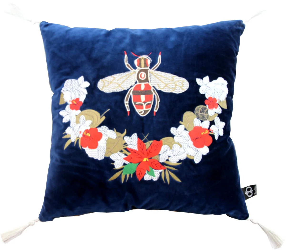 Luxus Deko Kissen mit Troddeln Bee Blau / Weiß 45 x 45 cm - Feinster Samtstoff - Luxus Deko Accessoires