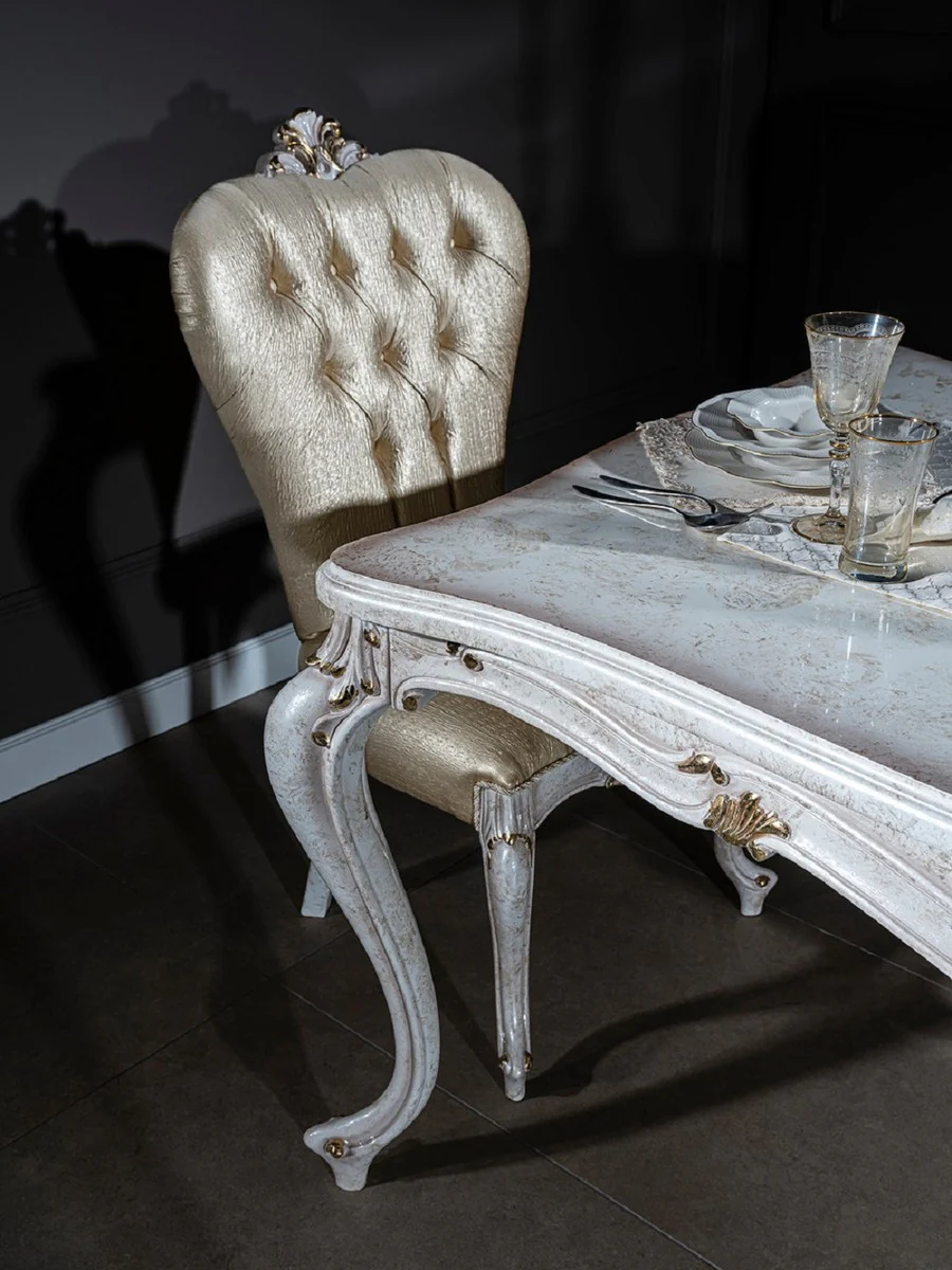 Luxury Baroque Dining Chair Gold / Antique White / Gold - Handcrafted Solid Wood Kitchen Chair - Baroque Dining Room Furniture