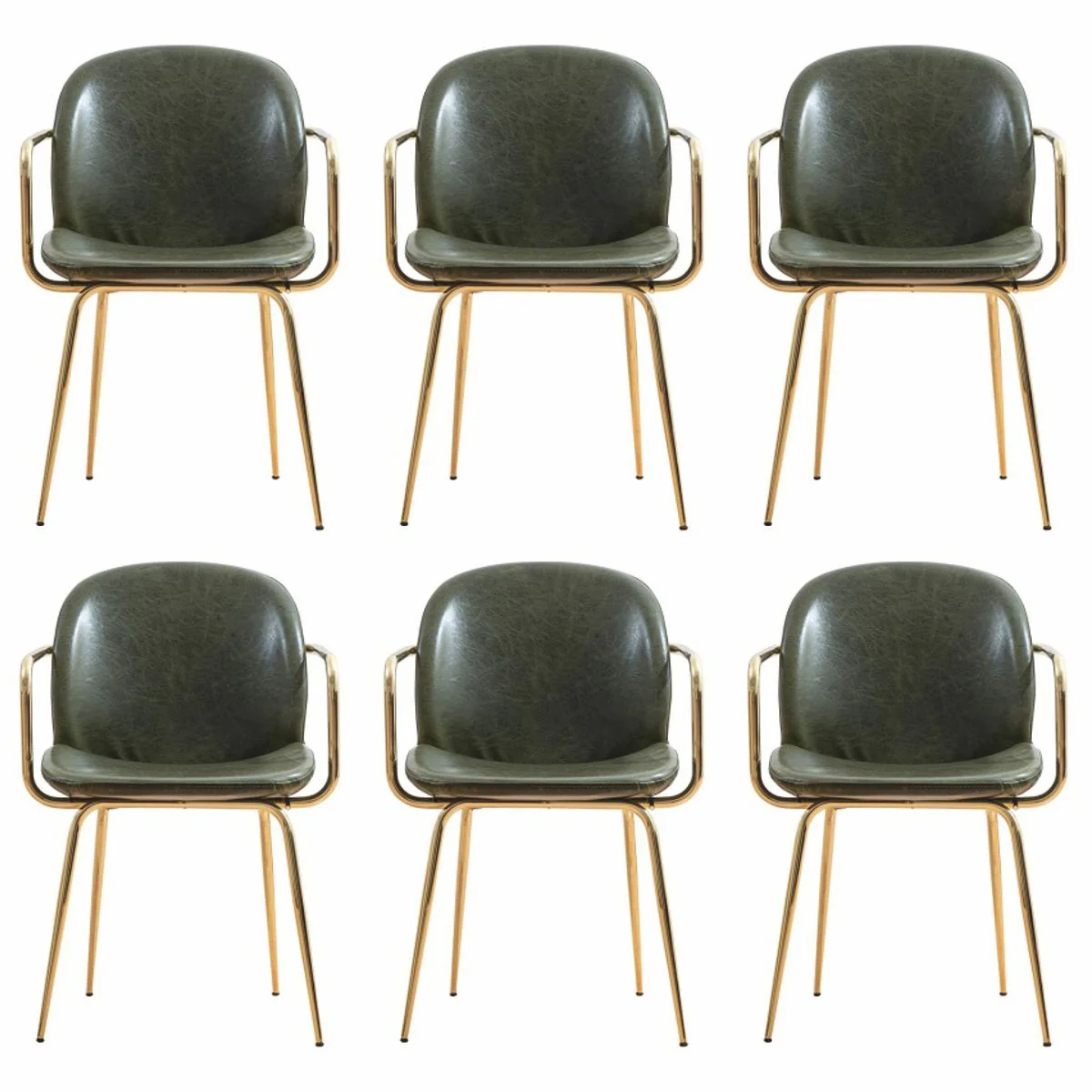 Luxury faux leather dining room chair set of 6 with armrests green / gold H. 84 cm