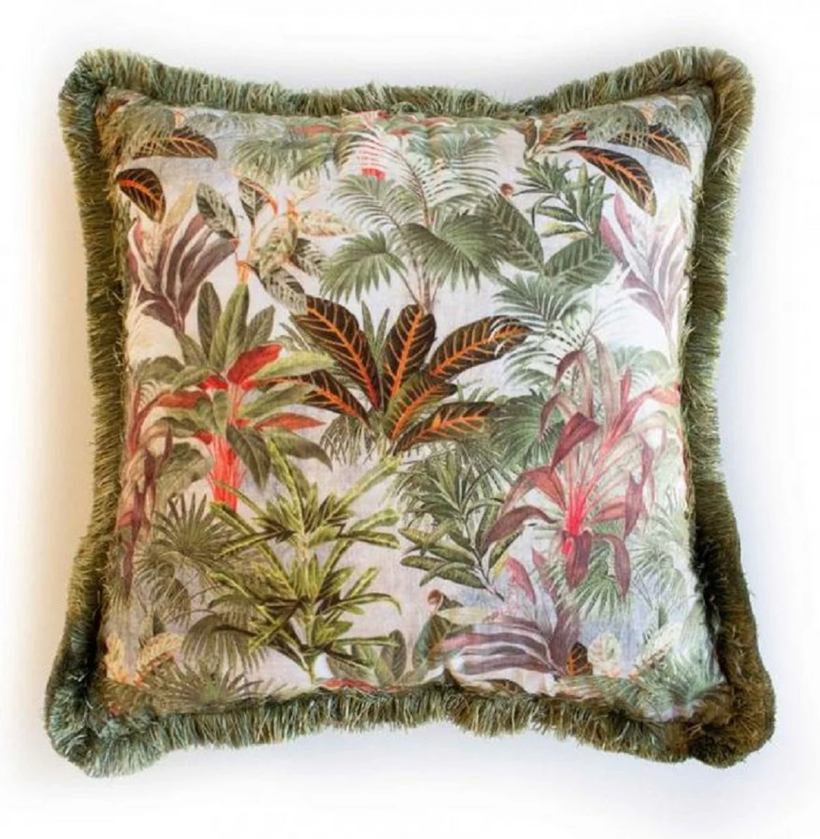 Luxus Deko Kissen Dschungel Design Mehrfarbig / Grün 45 x 45 cm - Bedrucktes Samt Kissen mit Fransen - Deko Accessoires