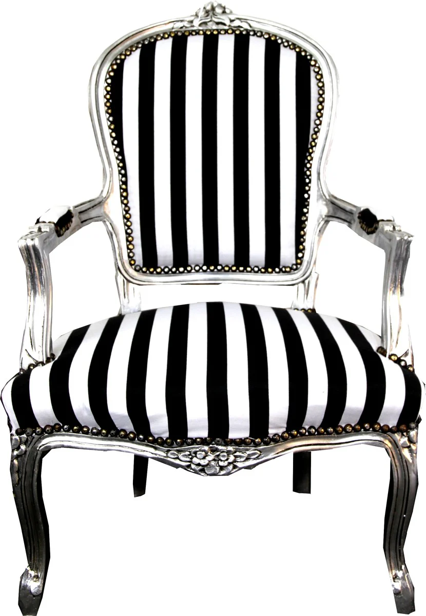 Baroque Salon Chair Black / White Stripes / Silver - Furniture Striped