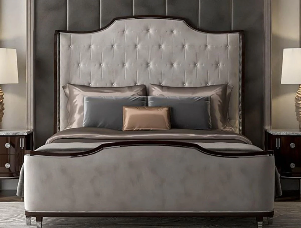 Luxury Art Deco double bed gray / dark brown / silver - noble solid wood bed with headboard - bedroom furniture - hotel furniture - art deco furniture - luxury art deco furnishings