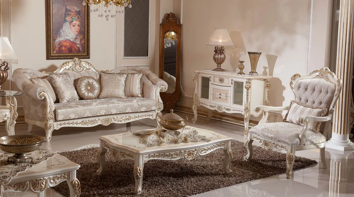Luxury Baroque Sofa Gray / Silver / White / Gold - Handmade Baroque Style Living Room Sofa with Elegant Pattern - Magnificent Baroque Living Room Furniture