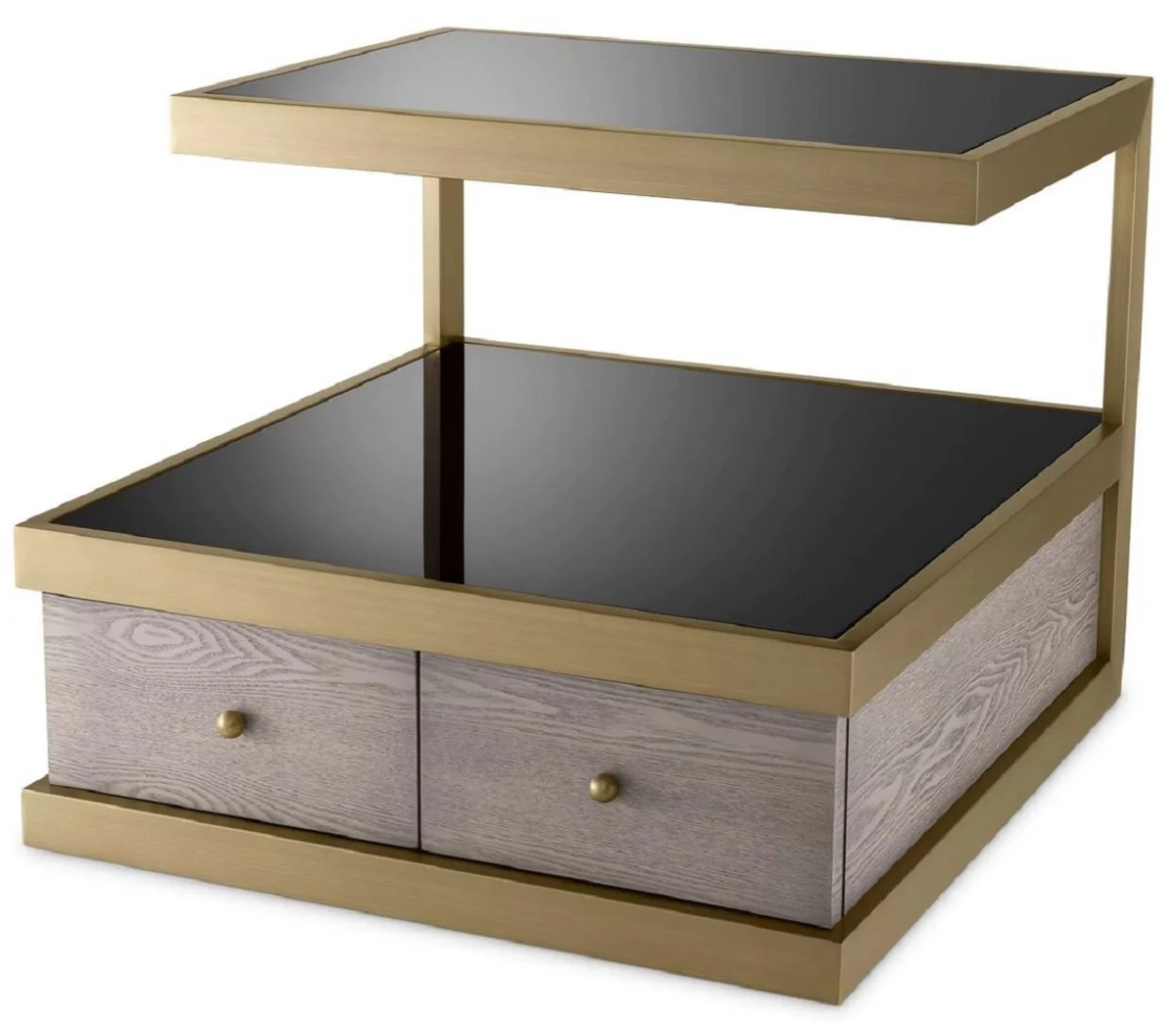 Luxury side table brass / gray / black 70 x 75 x H. 58 cm - Living room side table with 2 drawers and 2 glass plates - Living room furniture - Luxury furniture - Luxury furnishings
