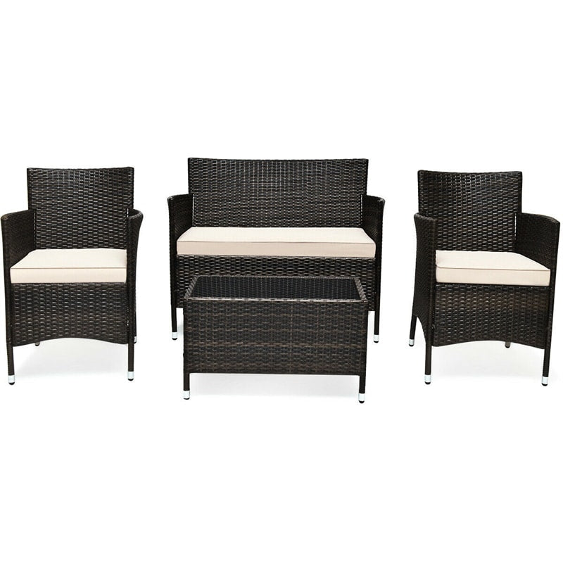 4 Pcs Outdoor Rattan Patio Conversation Set Wicker Furniture Set with Coffee Table and Cushion Sofas