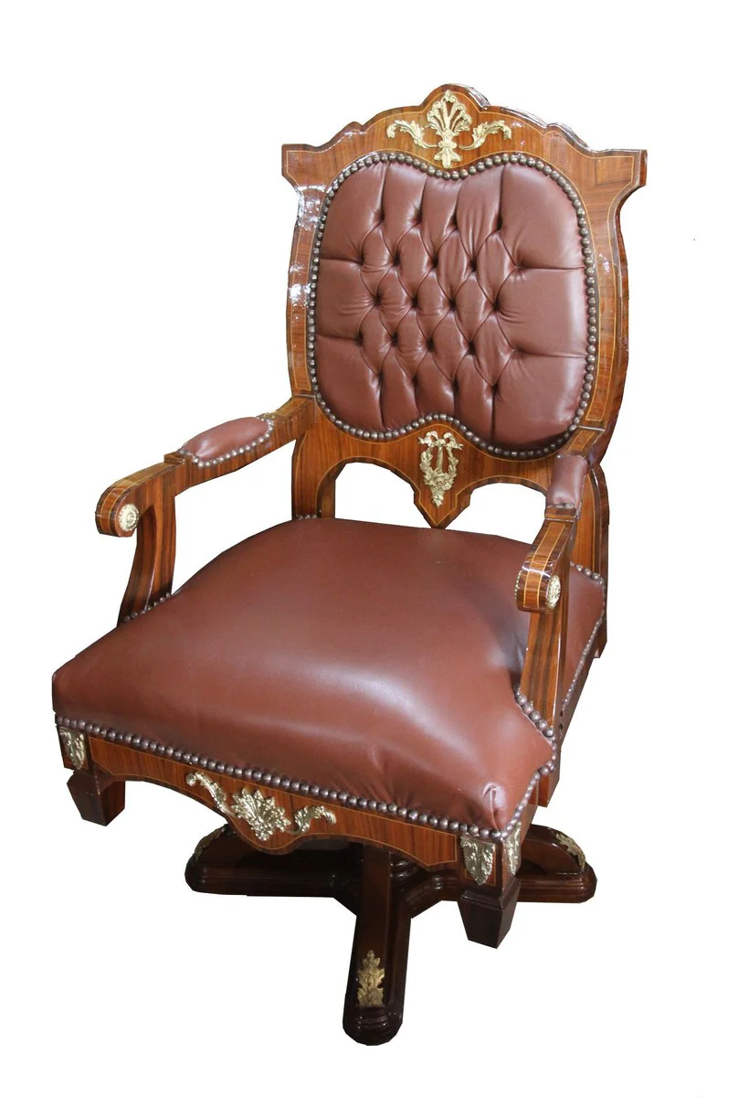 Antique genuine leather executive chair swivel chair in mahogany brown / gold - special dimensions