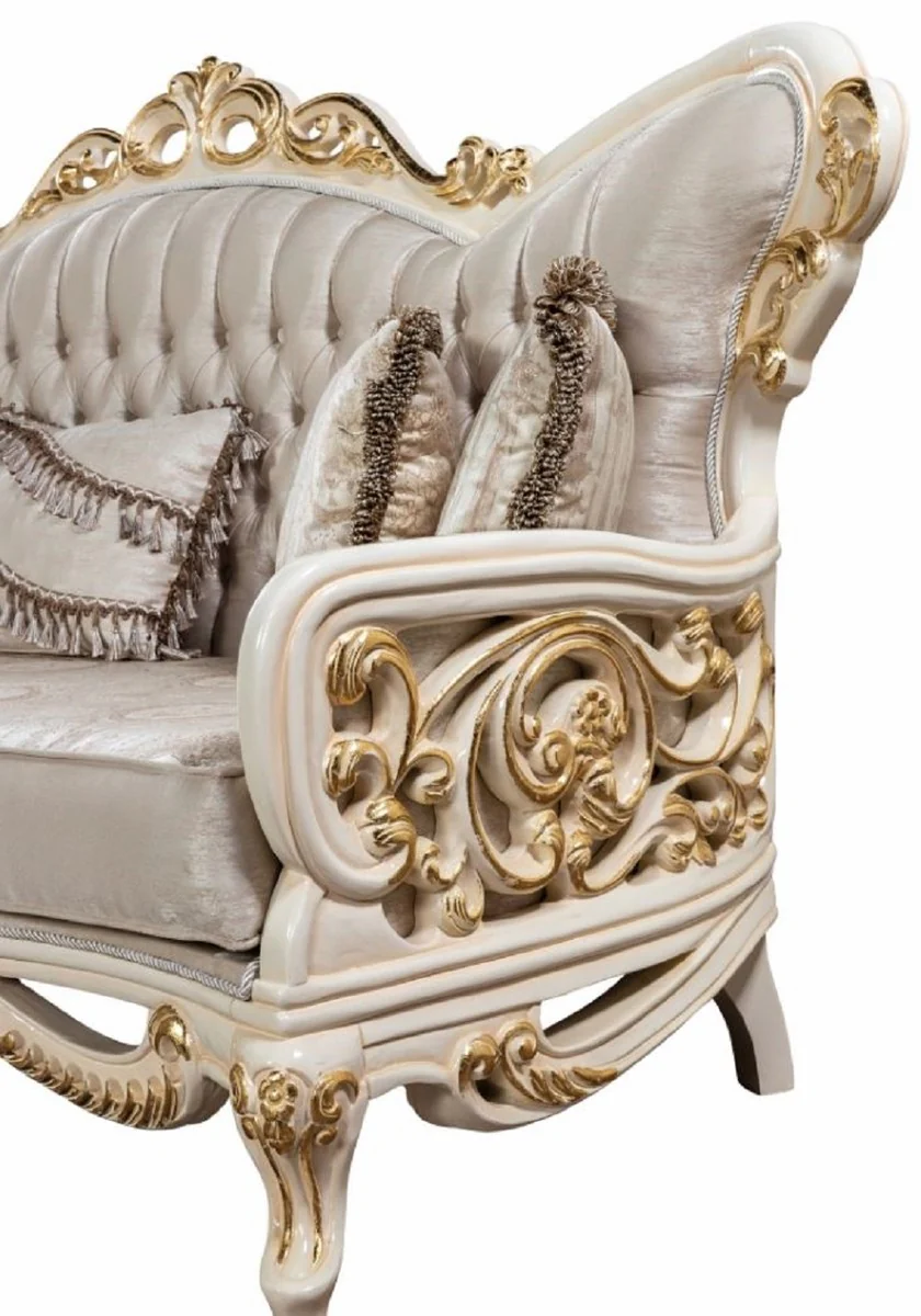 Luxury Baroque Sofa Silver / White / Gold - Handcrafted Baroque Style Living Room Sofa with Elegant Pattern - Magnificent Baroque Living Room Furniture