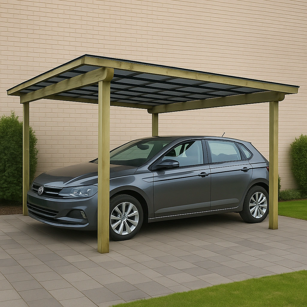 PKW-Stellplatz – Holzkonstruktion – Naturholz – Für den Außenbereich geeignet – 5 x 3 x 2,5 m