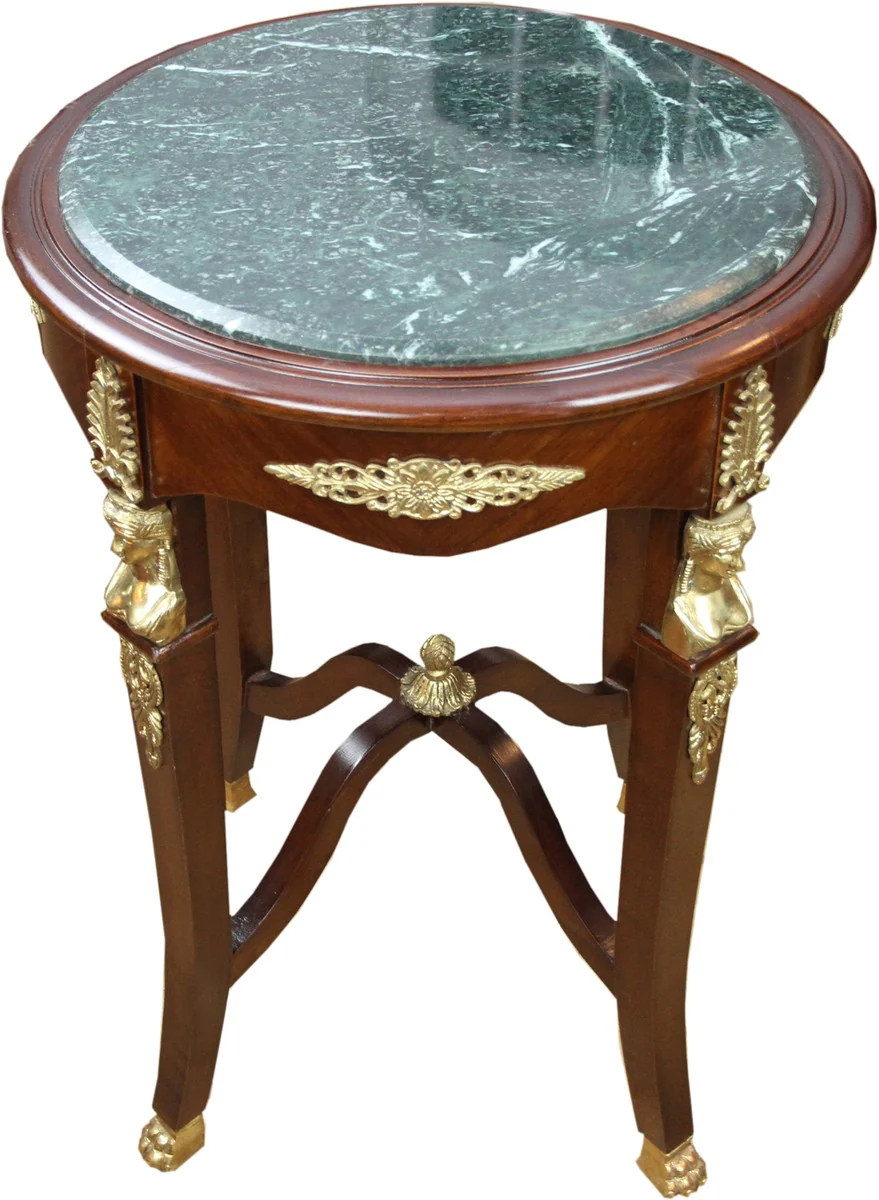 Baroque side table with green marble top brown / gold diameter 54.5 cm, height 75 cm - Louis XVI antique style table