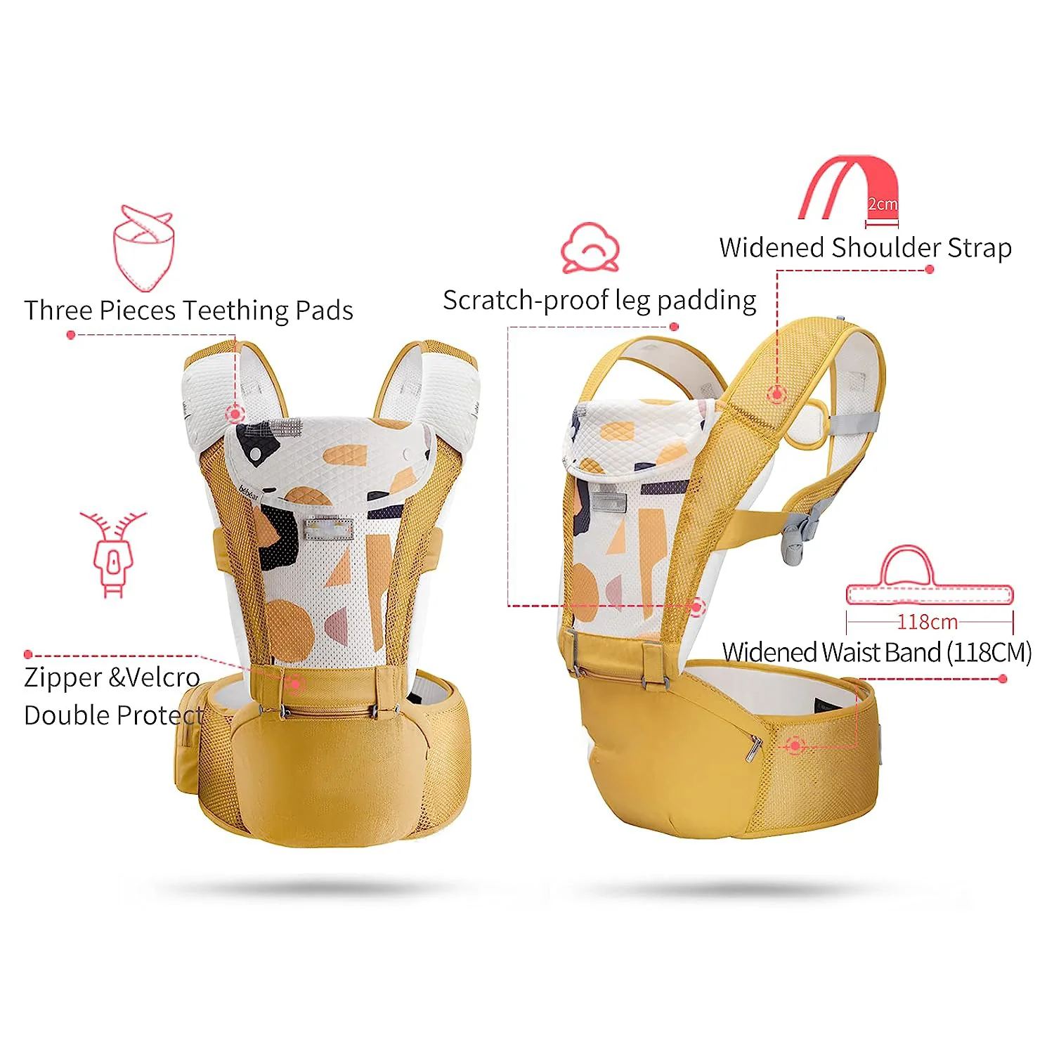 Babytrage für Neugeborene bis Kleinkinder, Baby-Hüfttrage mit Kopfhaube, Taillenverlängerung und 3 Beißpolstern (grau)