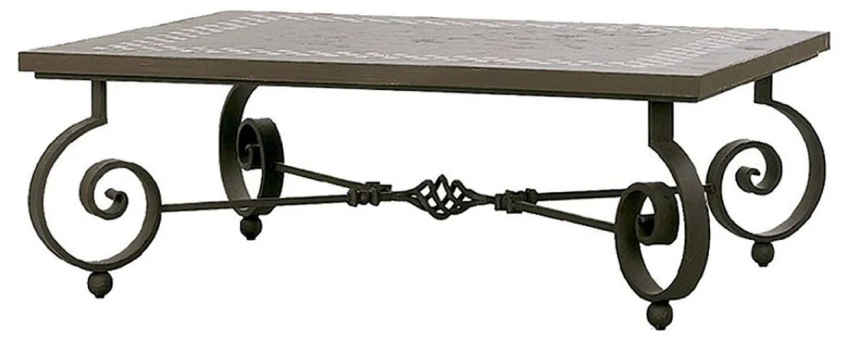 Luxury baroque coffee table brown / black 136 x 106 x H. 42 cm - garden table with ceramic tiles table top and wrought iron table legs - baroque living room furniture - baroque garden furniture
