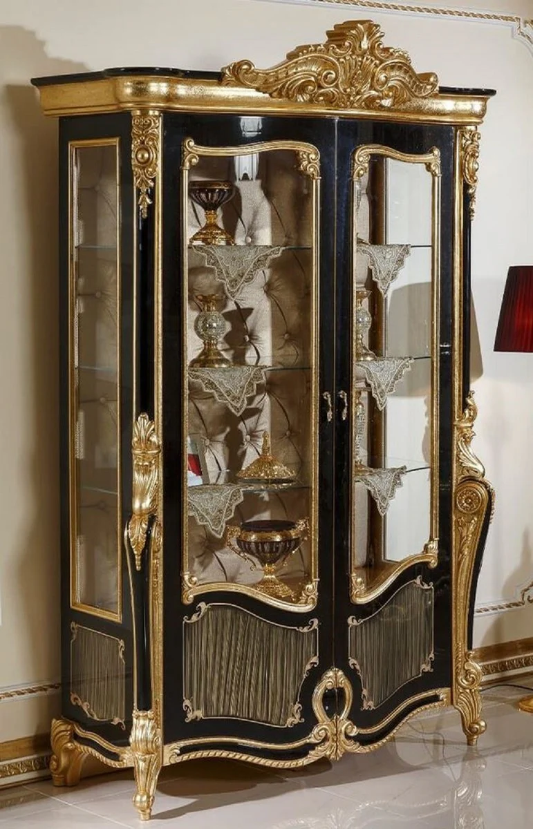 Luxury baroque display cabinet black / gold - magnificent solid wood display cabinet with 2 glass doors and 3 glass shelves - baroque furniture - noble and magnificent