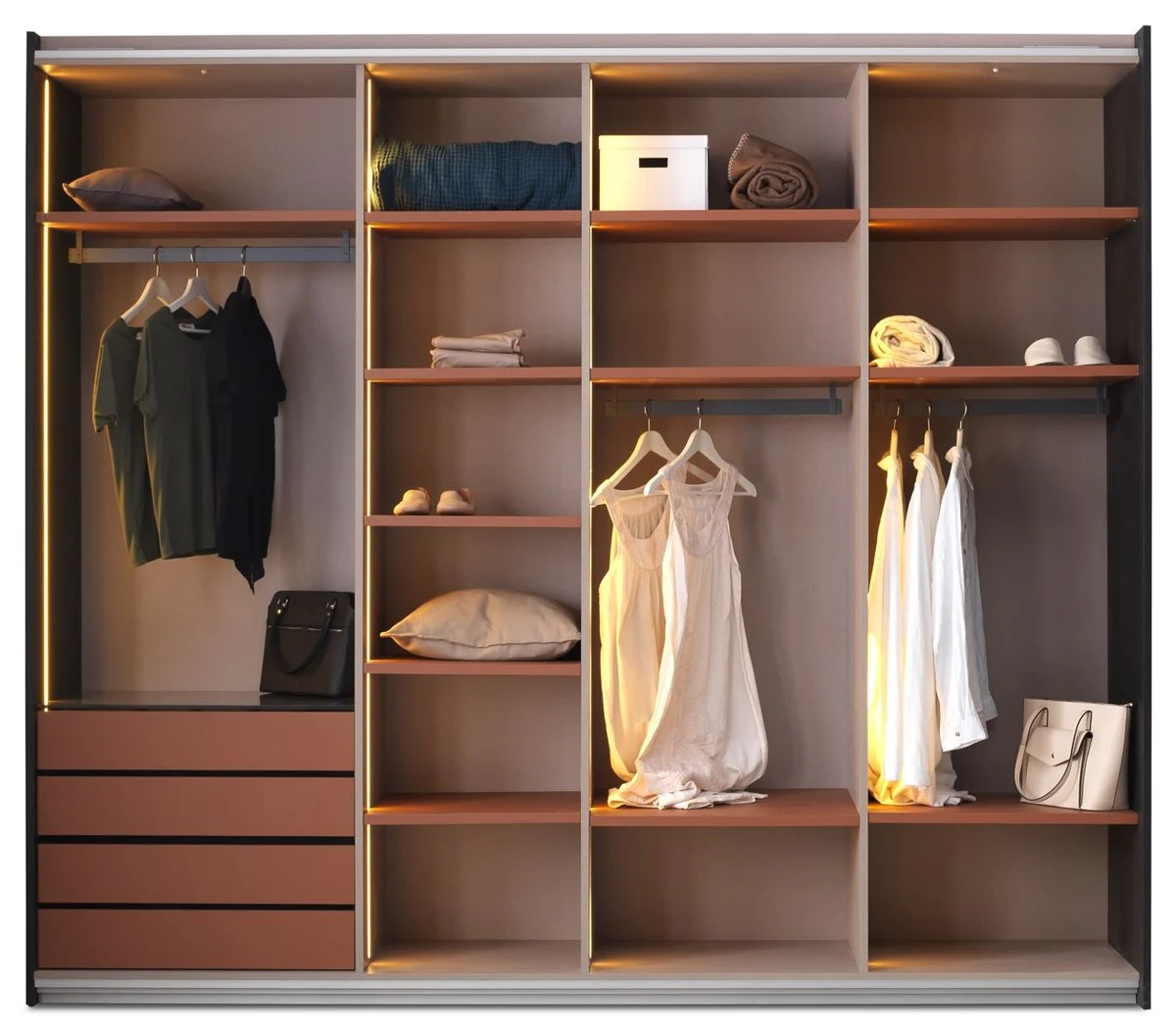 Luxury bedroom wardrobe black 260 x 70 x H. 228 cm - Illuminated solid wood wardrobe with 2 sliding doors - Bedroom furniture - Hotel furniture - Luxury furniture