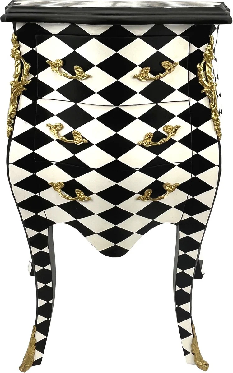 Baroque chest of drawers checked design black / white / gold - handmade baroque style night dresser with 3 drawers - baroque furniture - bedroom furniture in baroque style - noble and magnificent