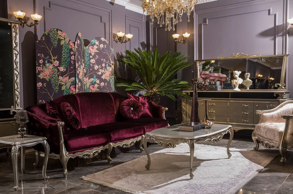 Luxury baroque coffee table silver 122 x 71 x H. 48 cm - solid wood living room table - noble baroque furniture