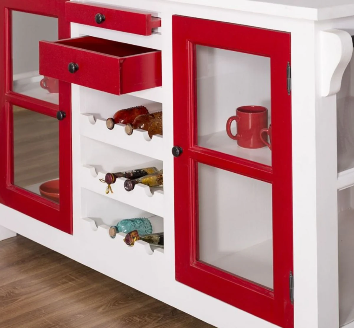 Country house style kitchen island white / red 150 x 90 x H. 90 cm - solid wood kitchen cabinet with 4 glass doors and 4 drawers - country house style kitchen furniture