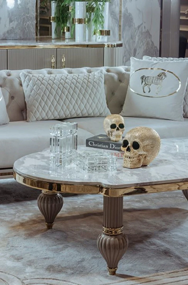 Luxury Art Deco coffee table gray / white / gold 160 x 87 x H. 46 cm - Magnificent solid wood living room table with artificial marble table top - Art Deco living room furniture