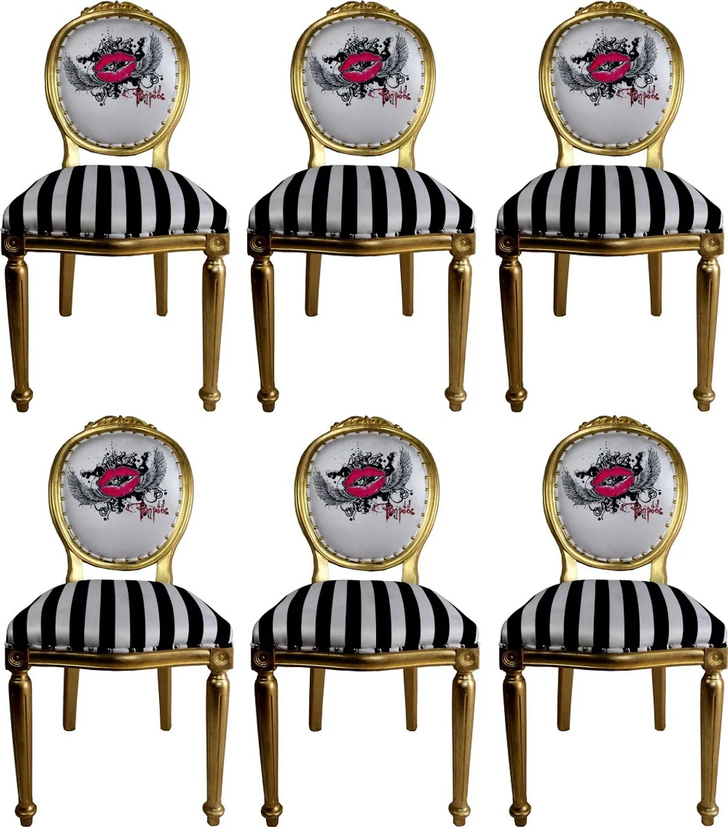 Pompöös by Luxury Baroque Dining Room Chairs Pink Lips Black / White Stripes / Gold - Pompöös Baroque Chairs designed by Harald Glööckler - 6 dining room chairs