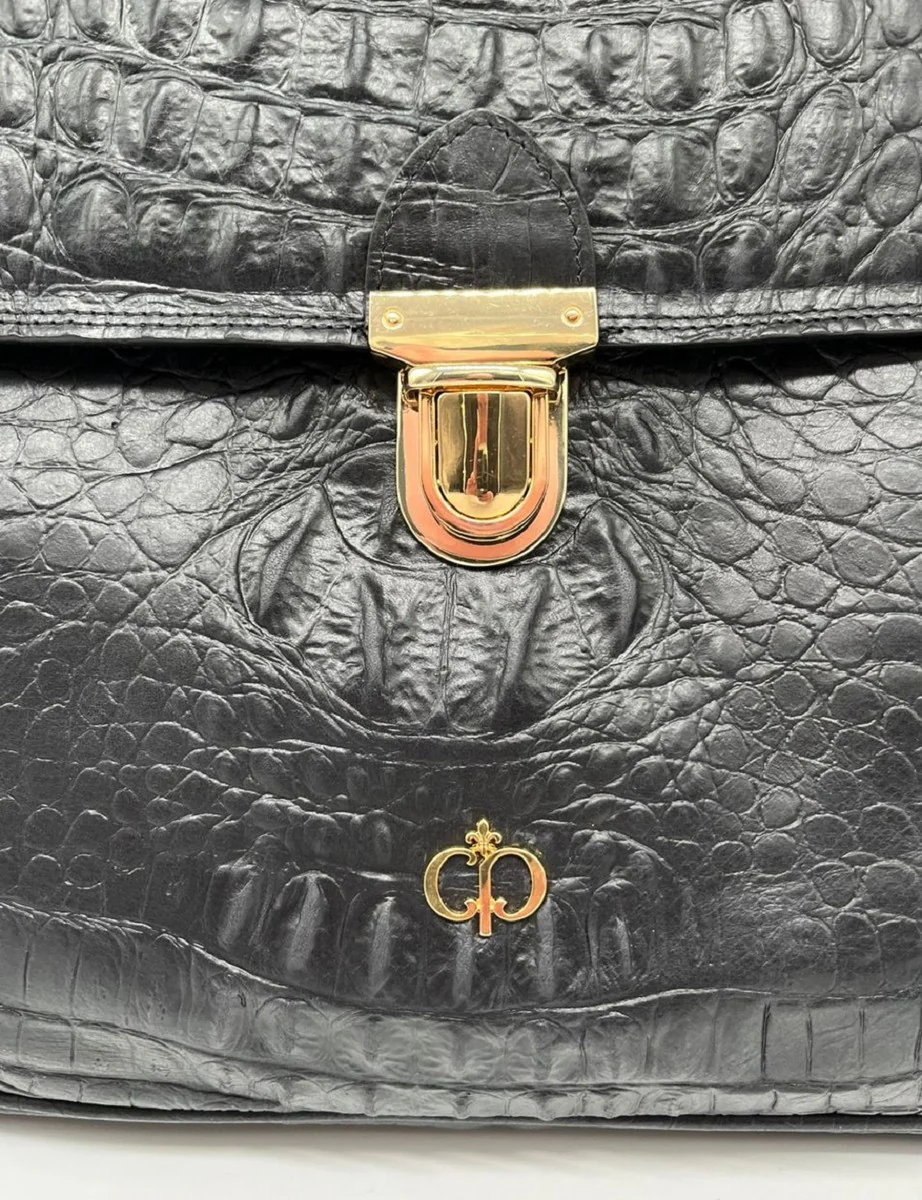 Luxus Echtleder Herren Aktentasche in Kroko Optik Schwarz / Gold 42 cm - Made in Italy